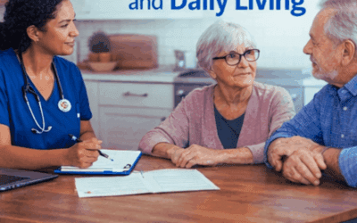 Title says Bridging Clinical Care and Daily Living. A picture of a health care worker, and an elderly married couple who are sitting at a table. The bottom of the image says digitaldoctorsathome.com with the DD@H logo